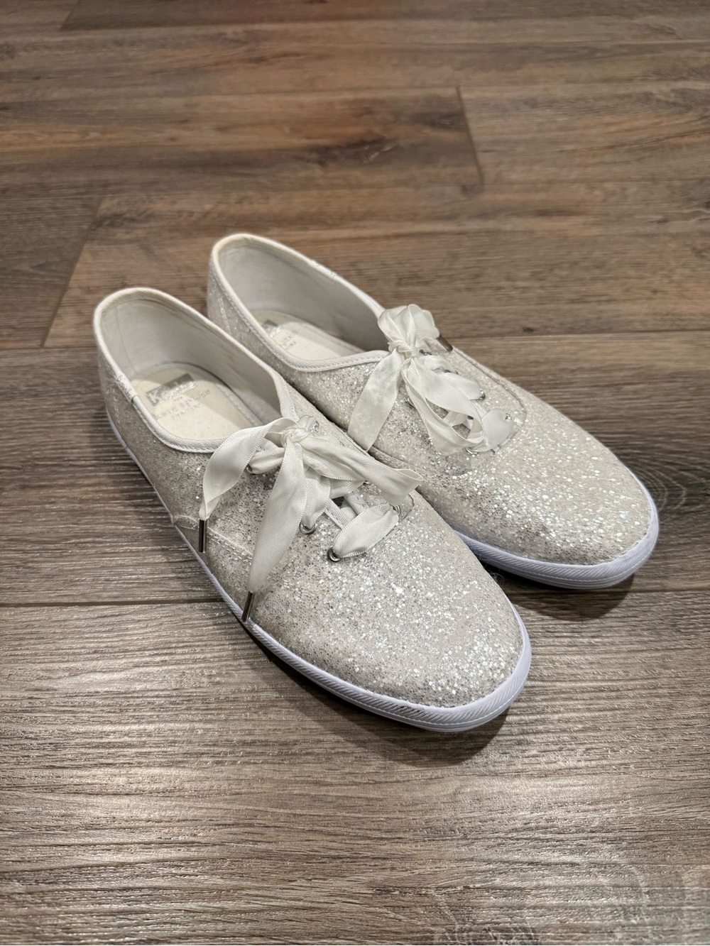 kate spade x Keds Glitter Ribbon Lace-Up Sneakers in Silver White